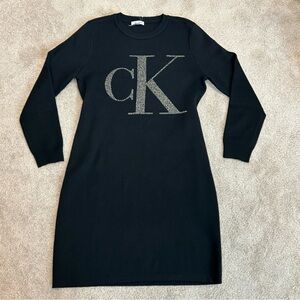 Calvin Klein Black Knit glitter logo tunic Dress Sz L NWOT